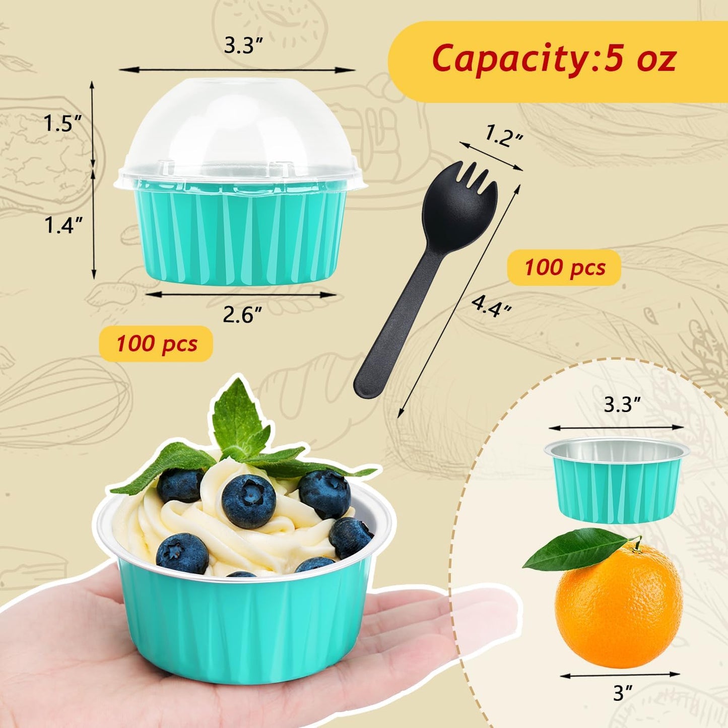 Cupcake Pans with Dome Lids 100 Pack,LNYZQUS 5oz Mini Aluminum Baking Pans Cupcake Cups Muffin Tin,Disposable Ramekins Mini Cake Pans Cupcake Containers Holders -Cyan Blue