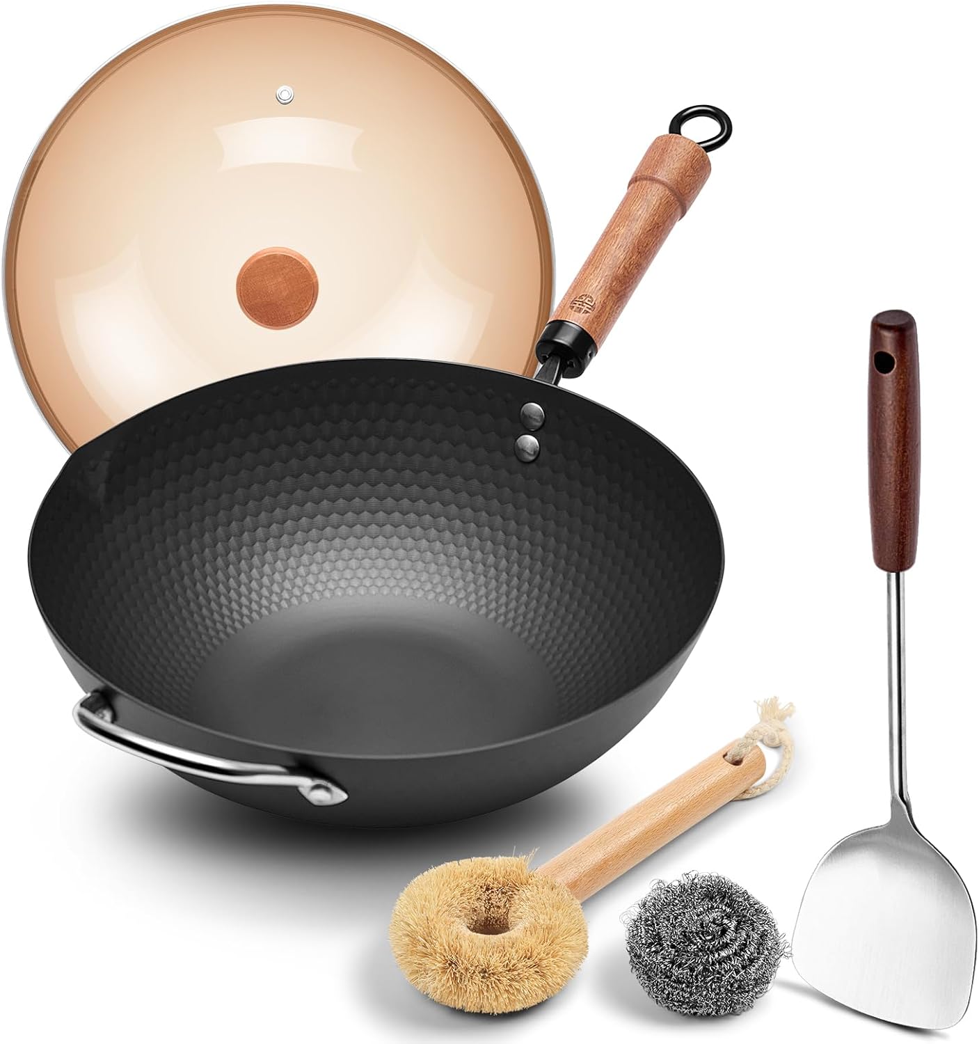 WANGYUANJI 12.6" Wok with Lid, Flat Bottom Nonstick Wok Pan for Induction Cooktop, Stir Fry Woks & Pans for Cooking