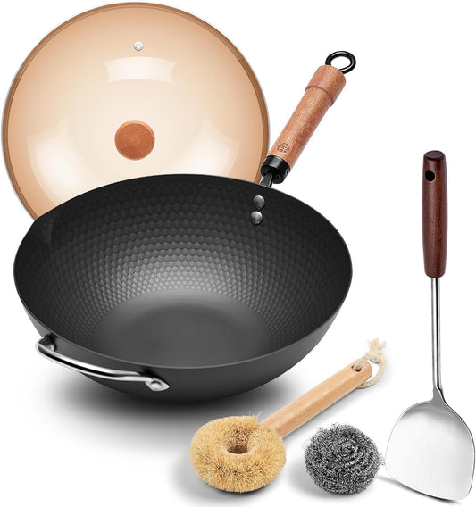 WANGYUANJI 12.6" Wok with Lid, Flat Bottom Nonstick Wok Pan for Induction Cooktop, Stir Fry Woks & Pans for Cooking