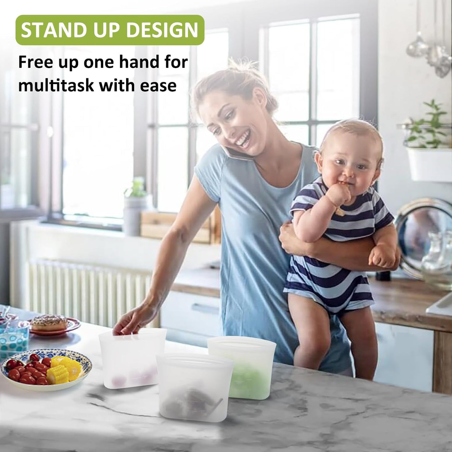 Reusable Silicone Food Storage Bags Quart 4 Pack, Stand Up Ziplock Reusable Freezer Sandwich Bag Containers for Food Travel, Freezer Microwave Oven Dishwasher Safe, Translucent, 33.8fl.oz