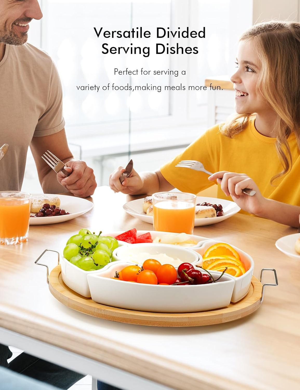 Ceramic Divided Serving Dishes with Bamboo Tray,360° Rotatable Serving Bowls with Handles for Party,5 Removable Relish Tray,11.2 Inch Appetizer Serving Dish for Chips & Dip, Veggies, Candy & Snacks