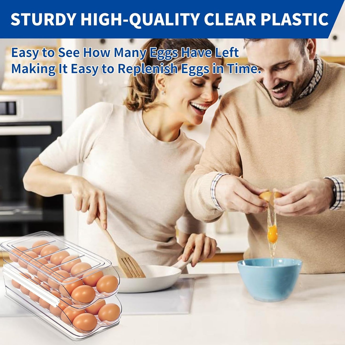 Egg Holder for Fridge, Automatic Rolling Egg Organizer for Refrigerator, Clear Plastic Egg Container & Tray, Stackable Dispenser and Storage Bin with Sturdy Lid to Saving Space -2 Layer
