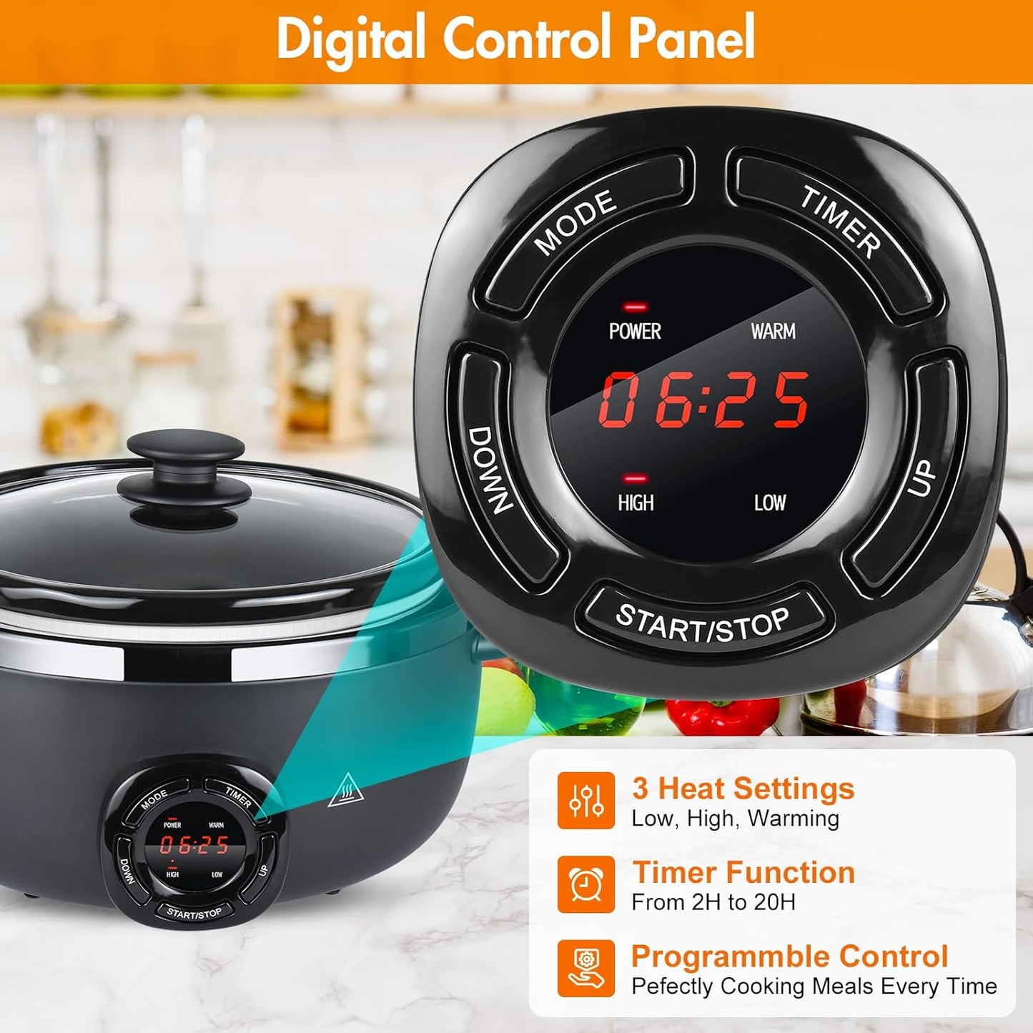 7-Quart Programmable Slow Cooker with Nonstick Removable Ceramic Pot, 3 Temp Settings, Dishwasher Safe