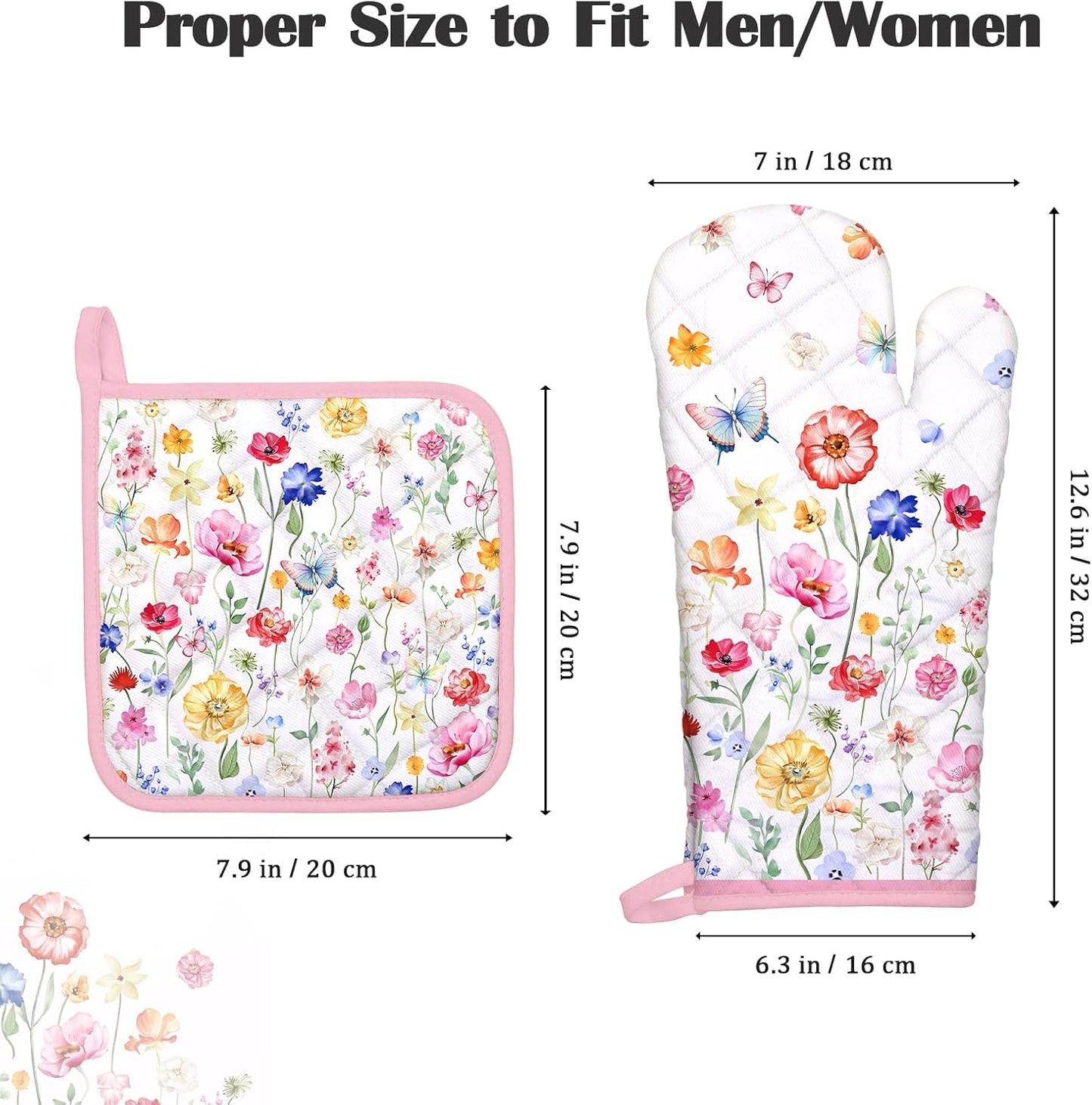 Wildflower Oven Mitts and Pot Holders Sets 4Pcs, 100% Cotton Heat Resistant, Extra Long Oven Gloves Potholder for Kitchen Cooking Baking Decoration