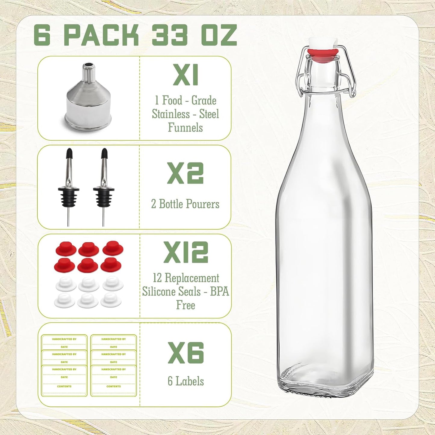 6 Pack [1 Liter / 33 fl. oz.] Square Swing Top Glass Bottles–Airtight Flip Top Brewing Bottles for Kombucha, Beer, Wine, Kefir, Soda, Liquor–Includes Funnel, 2 Pourers, 6 Seals, 8 Labels & Jute Twine