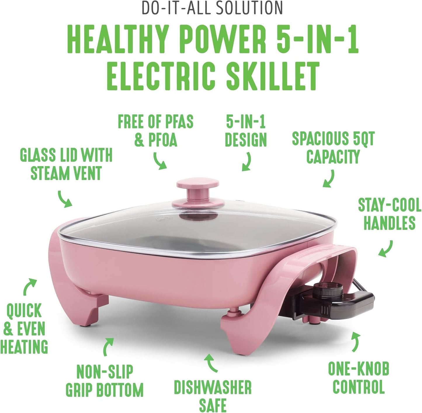 GreenLife12" 5QT Square Electric Skillet, Glass Vented Lid, Ceramic PFAS-Free Nonstick Coated Interior, Adjustable Temperature Control, Cool Touch Handles, Quick Even Heating, Scratch Resistant, Pink