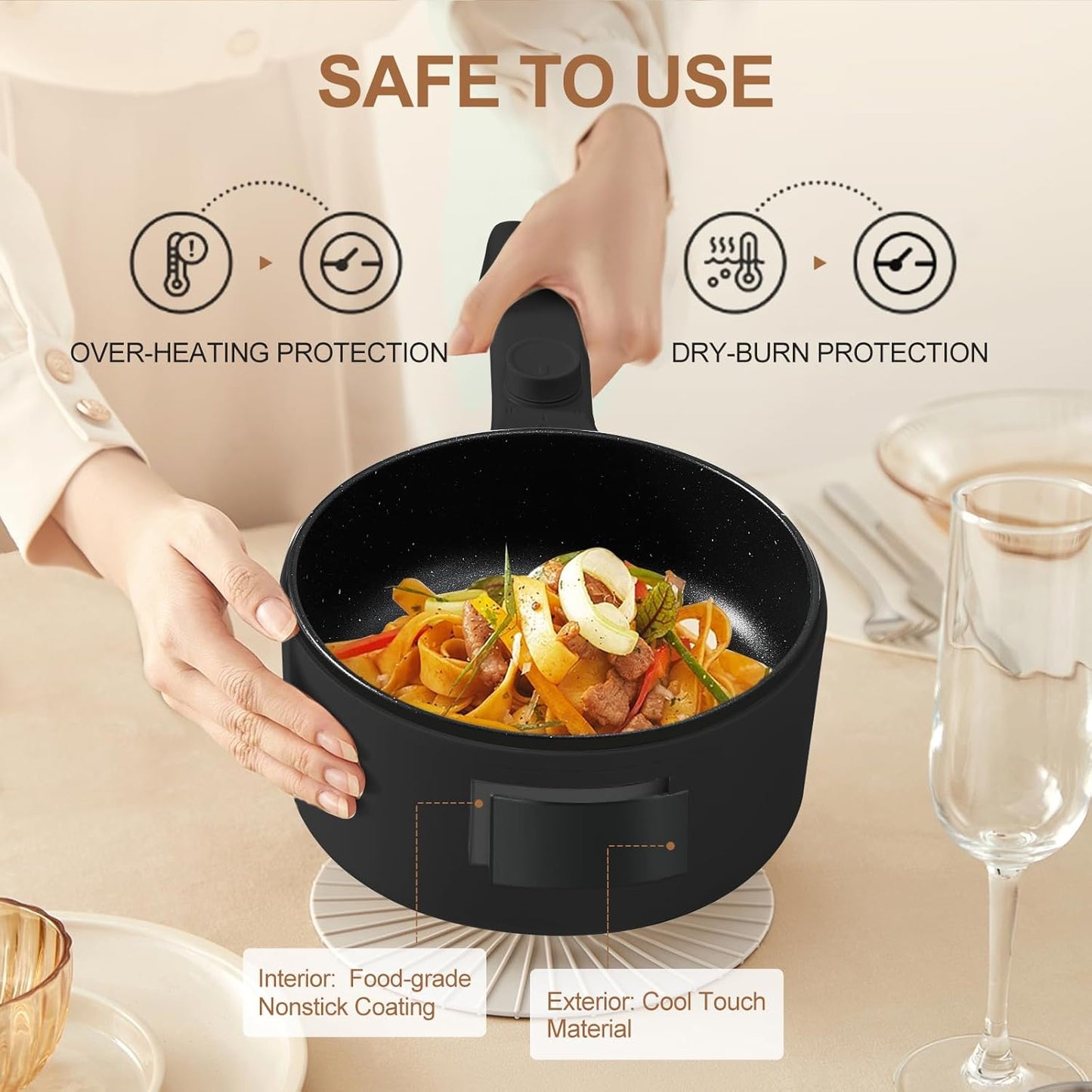 HYTRIC Hot Pot Electric, 1.5L Portable Non-stick Frying Pan, Electric Cooker for Steak, Egg, Pasta, Ramen Cooker with Dual Power Control, Mini Electric Pot for Office, Dorm Room Essential, Black