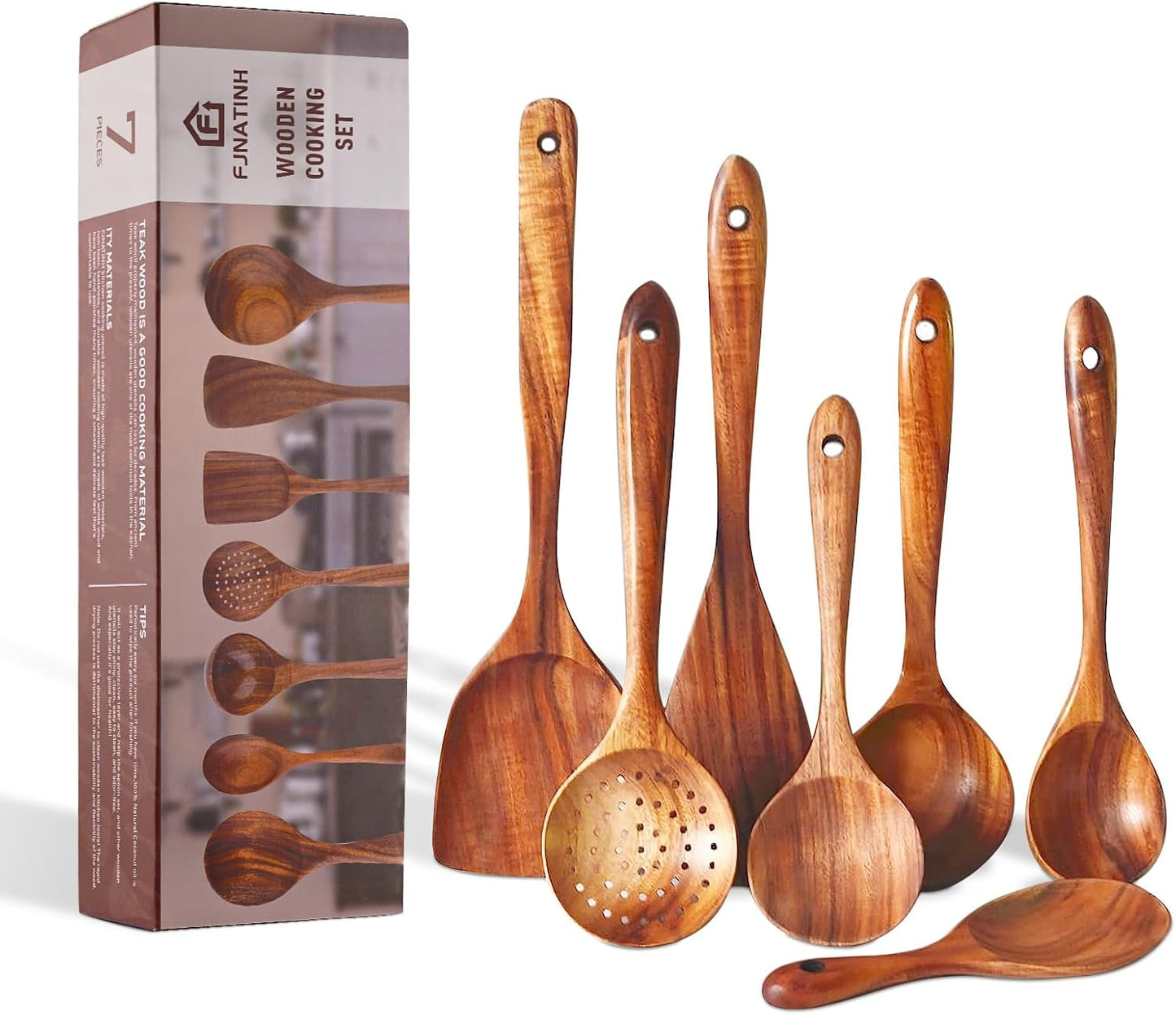 FJNATINH 7-Piece Nonstick Wooden Cooking Utensils Set, Natural and Healthy Kitchen Utensils（7 Pcs）