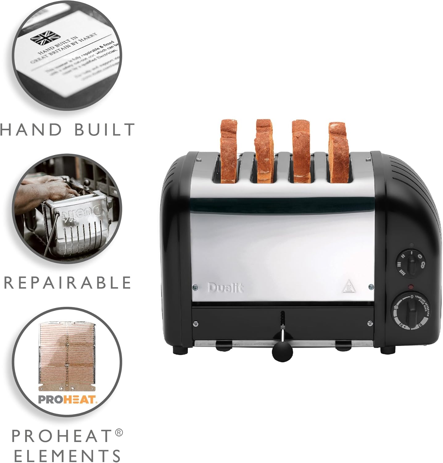 Dualit Classic 4 Slice NewGen Toaster - Stainless Steel - Hand Built in the UK - Replaceable ProHeat elements - Defrost Bread - Mechanical Timer - Matt Black Classic Toaster