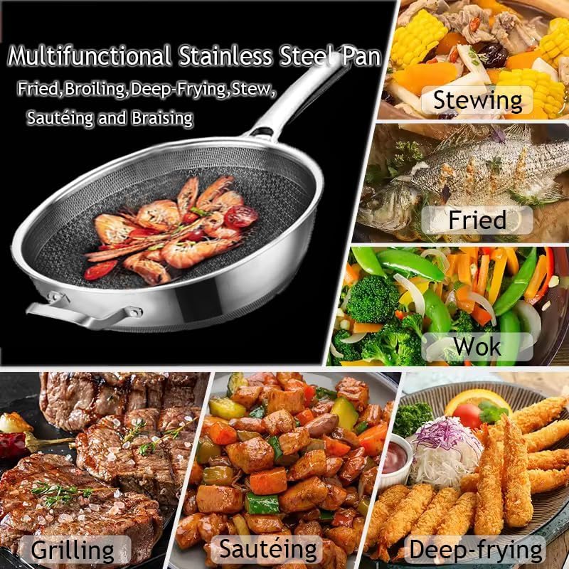 Wok Pan,Hybrid Nonstick 12 Inch Wok with Lid,Induction Non Stick Stainless Steel Large Deep Woks&Stir-Fry Pans,Frying Pan,Stay-Cool Handle Skillets,PFOA Free,12 Inch Wok