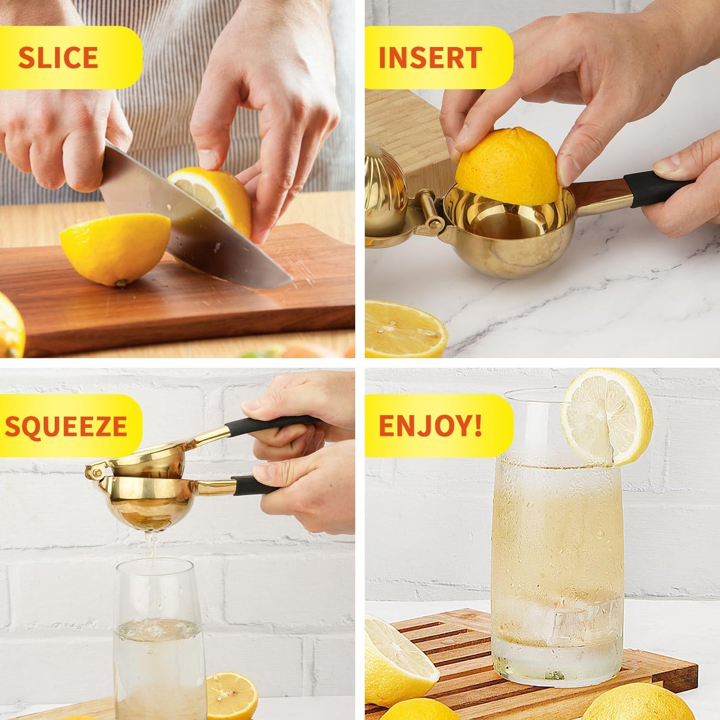 SHIKORI Gold & Black Heavy Duty Lemon Squeezer, 304 Stainless Steel Manual Citrus Press Juicer, 15% More Juice, Easy to Clean