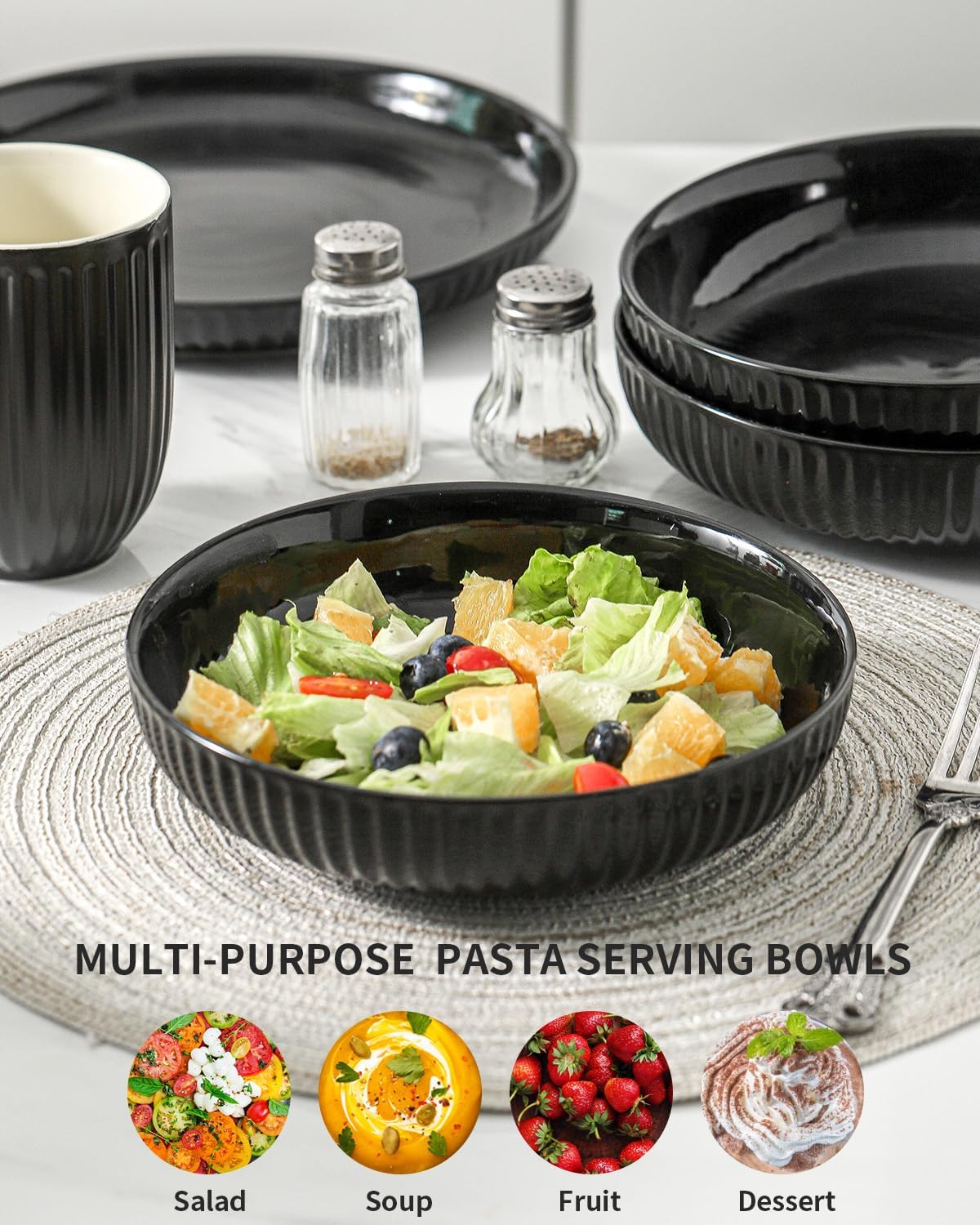Hasense Pasta Bowls Set of 2, 30 oz Large Pasta Serving Bowls, 8 Inch Salad Bowls for Kitchen, Wide and Shallow Pasta Plates, Ideal Home Decor for Mother's Day Present, Microwave & Dishwasher, Black