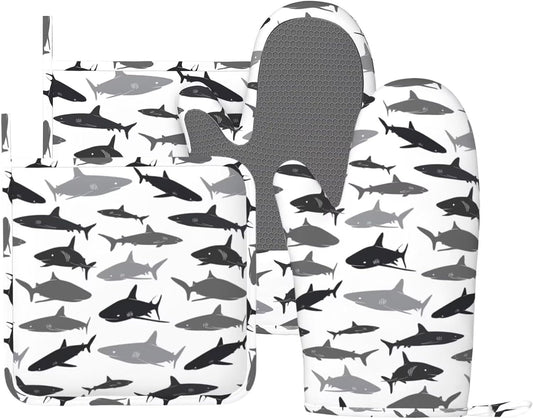 Sharks Oven Mitts and Pot Holders Set of 4 Silicone Sea Animal Kitchen Mitten Gloves and Non-Slip Shark Potholders Set Heat Resistant Oven Gloves Hot Holders for Kitchen