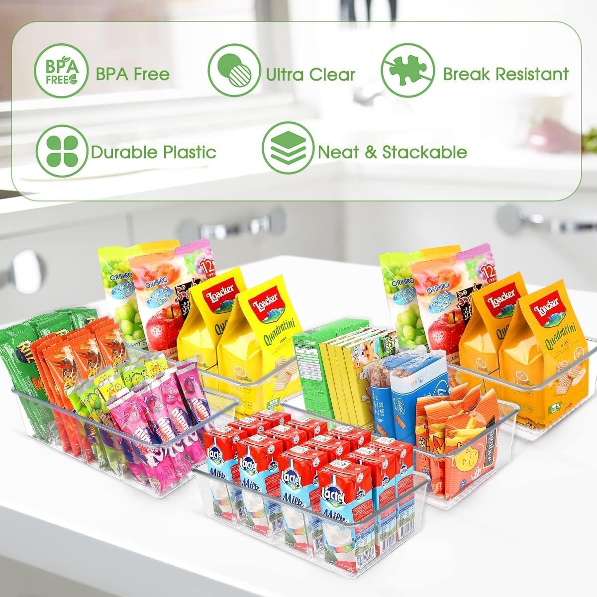 2 Pcs Clear Pantry Organizers and Storage,Plastic Storage Bins for Fridge with Removable Dividers, Kitchen Cabinet Organizers Ideal for Kitchen, Pantry, Refrigerator, Freezer, and Snack Storage