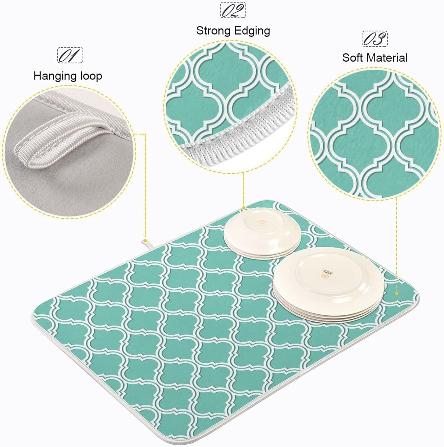 Senya Super Absorbent Dish Drying Mat, Microfiber Fast-Drying Dish Mat, 16/ x 18/ , Kitchen Dish Drying Pad, Seamless Moroccan Pattern