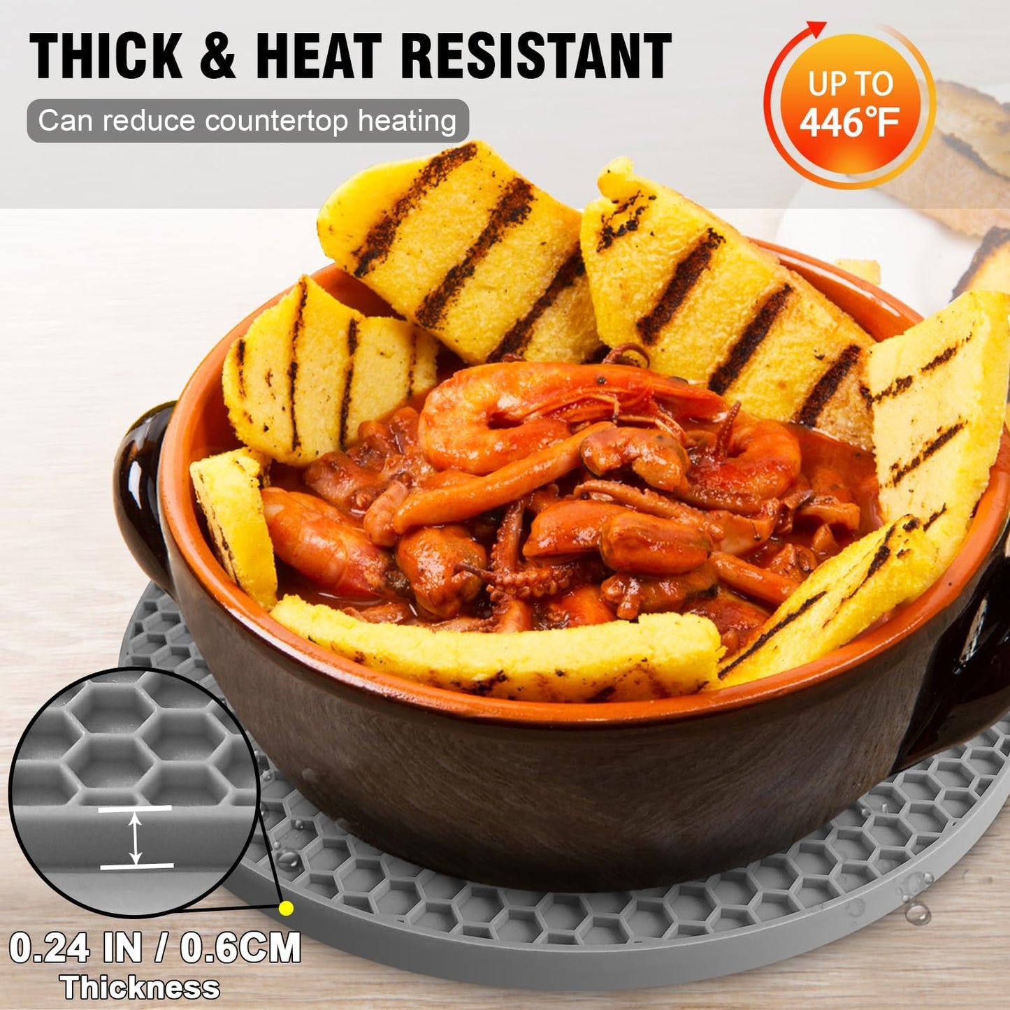 Walfos Silicone Trivet Mats - 4 Heat Resistant Pot Holders, Multipurpose Non-Slip Hot Pads for Kitchen Potholders, Hot Dishers, Jar Opener, Spoon Holder, Food Grade Silicone & BPA Free (Nordic Grey)