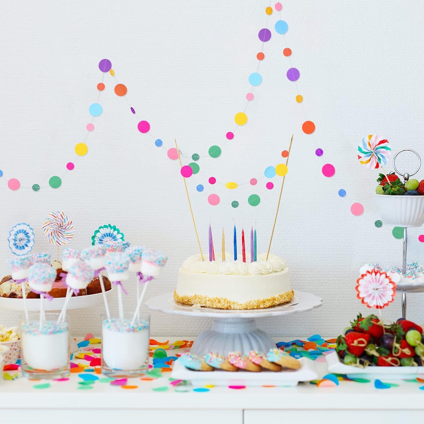 Outus 10 Pieces Colorful Dots Paper Garland Round Glitter Garland Hanging Confetti Streamers Backdrop Decoration for Birthday Classroom Candy Sprinkles Trunk or Treat Party (Rainbow)