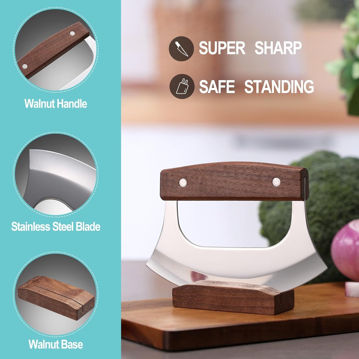Ulu Knife - Sharp Rocker Mezzaluna Knife with Stand for Cutter Pizza, Meat, Vegetables, Herbs, Salad