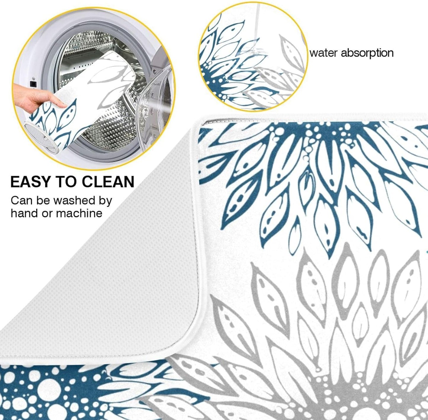 Abstract Flowers Sunflowers Dish Drying Mat for Kitchen Counter Absorbent Microfiber Drying Pad, Large 18x24 in, Blue White Reversible Drainer Mats