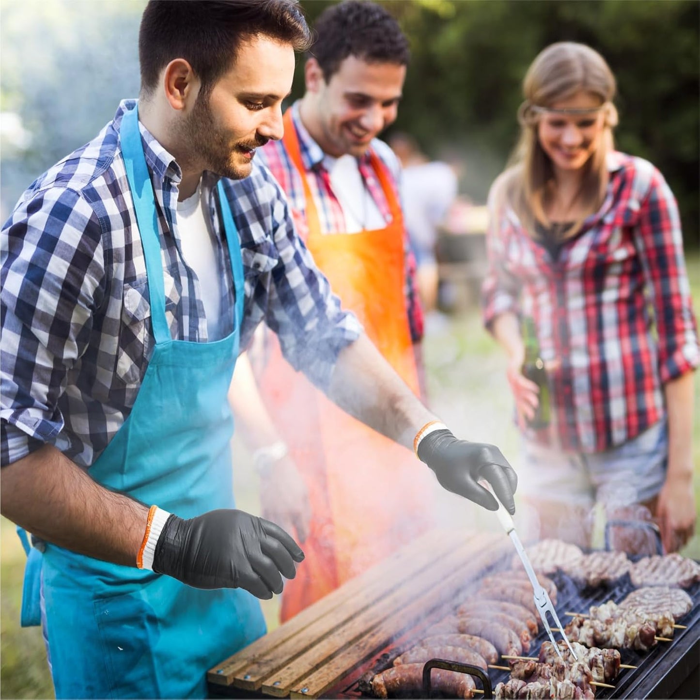 BBQ Gloves for Cooking Baking Grilling, 100 Count Disposable Nitrile Gloves and 4 Count Cotton Glove Liners Washable (6mil Nitrile, Large)