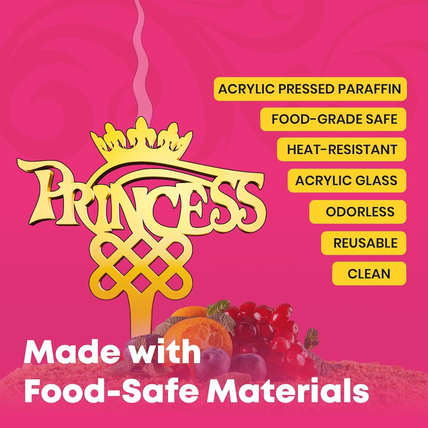 Princess Reusable Gold Romantic Cake Candle - Luxury Cake Topper Candle for Birthdays, Weddings & Anniversaries - Reusable Food Safe Acrylic, Shiny Mirror Finish - Happy Birthday Cake Topper Decor