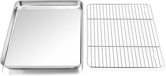 P&P CHEF 12.5 Inch Baking Sheet Pan with Rack Set, Stainless Steel Cookie Sheet Pan Tray with Cooling Rack for Oven Use, Cooking Roasting, Non Toxic & Dishwasher Safe, Heavy Duty