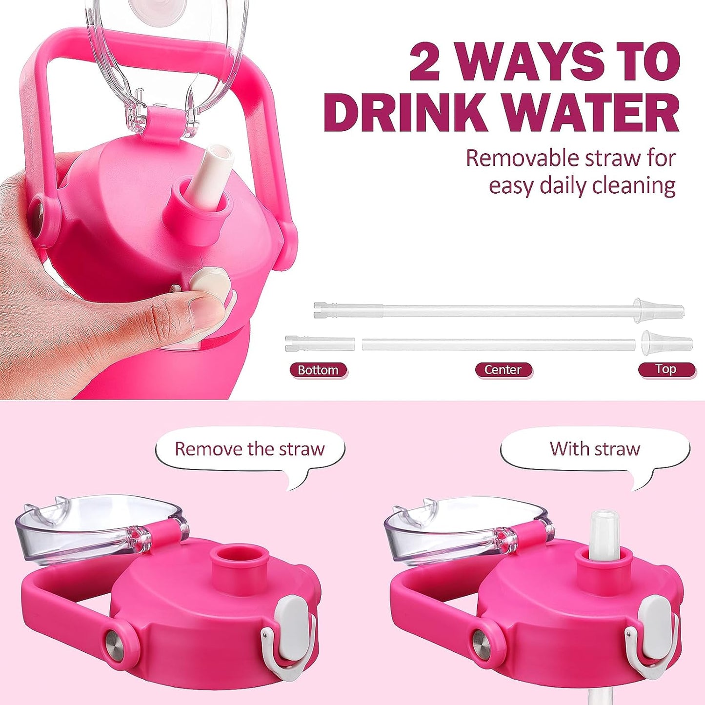 kytffu 56oz Glass Water Bottles with Straw, Motivational Glass Bottle with Silicone Sleeve and Time Marker, Leakproof Large Glass Water Jug for Gym Home Office,Rose red