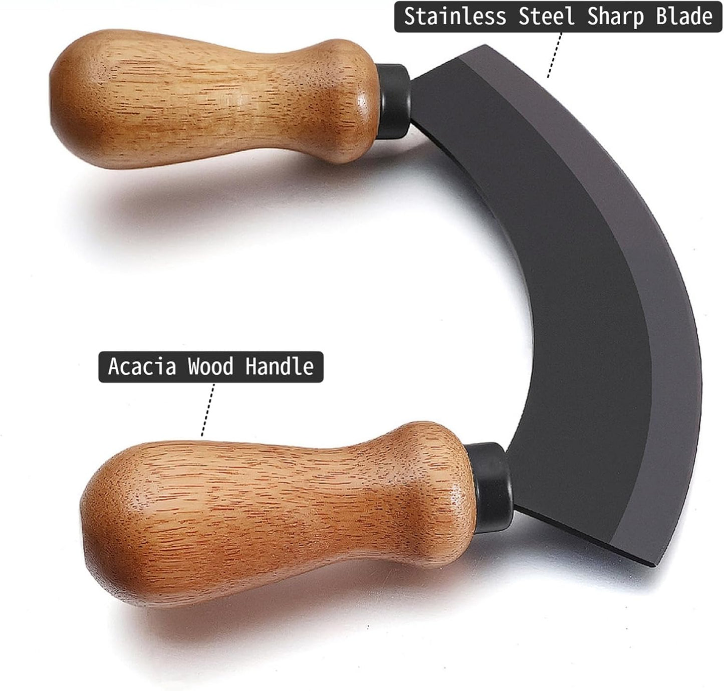5.4 Inch Stainless Steel Mezzaluna Knife - Salad Chopper Rocker Pizza Cutter Rocker Knife Curved Blade Sharp Blade Double Acacia Wood Handle Fruit Vegetable Mincing (5.4 Inch Black)
