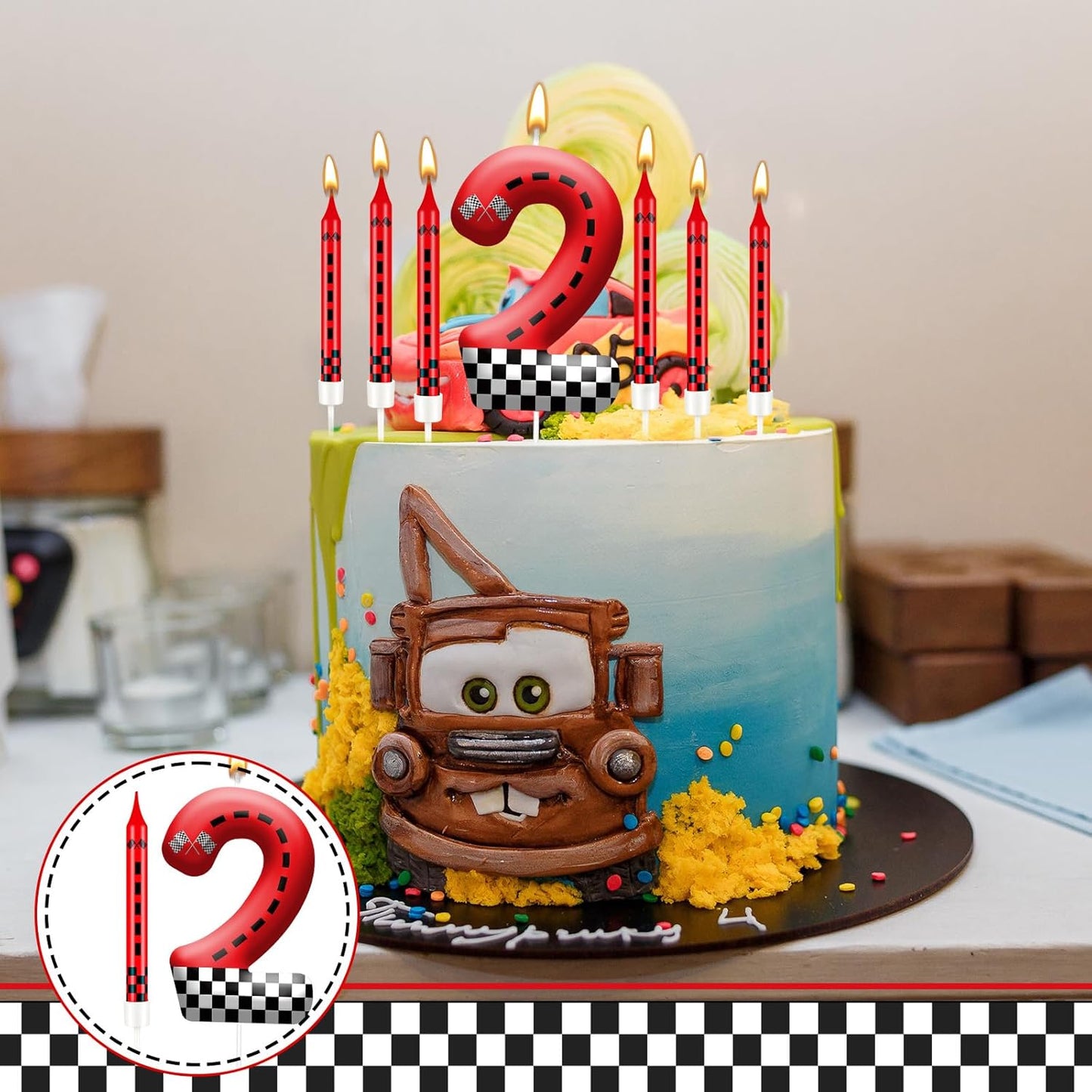 13PCS Racing Car Theme Birthday Candle Set with Checkered Flag Design - Durable Cake Topper for Race Car Party Decorations, Kids Birthday Supplies - Number 2 Candle for Racing-Themed Celebrations