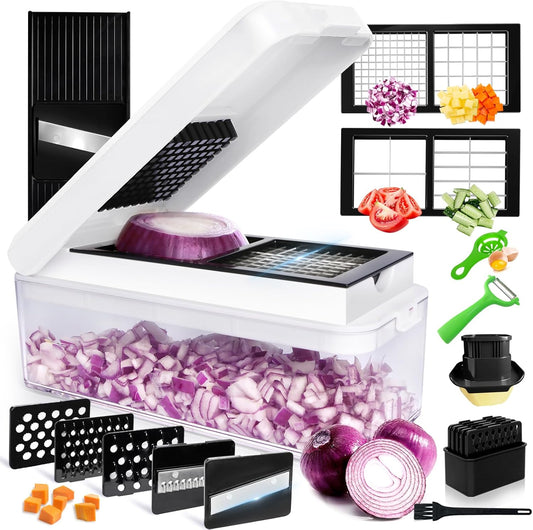 Vegetable Chopper, Onion Chopper Dicer, Mandoline Slicer, Food Chopper with Container, Vegetable Cutter for Salad Potato Carrot Garlic（9 Blades, White Black）