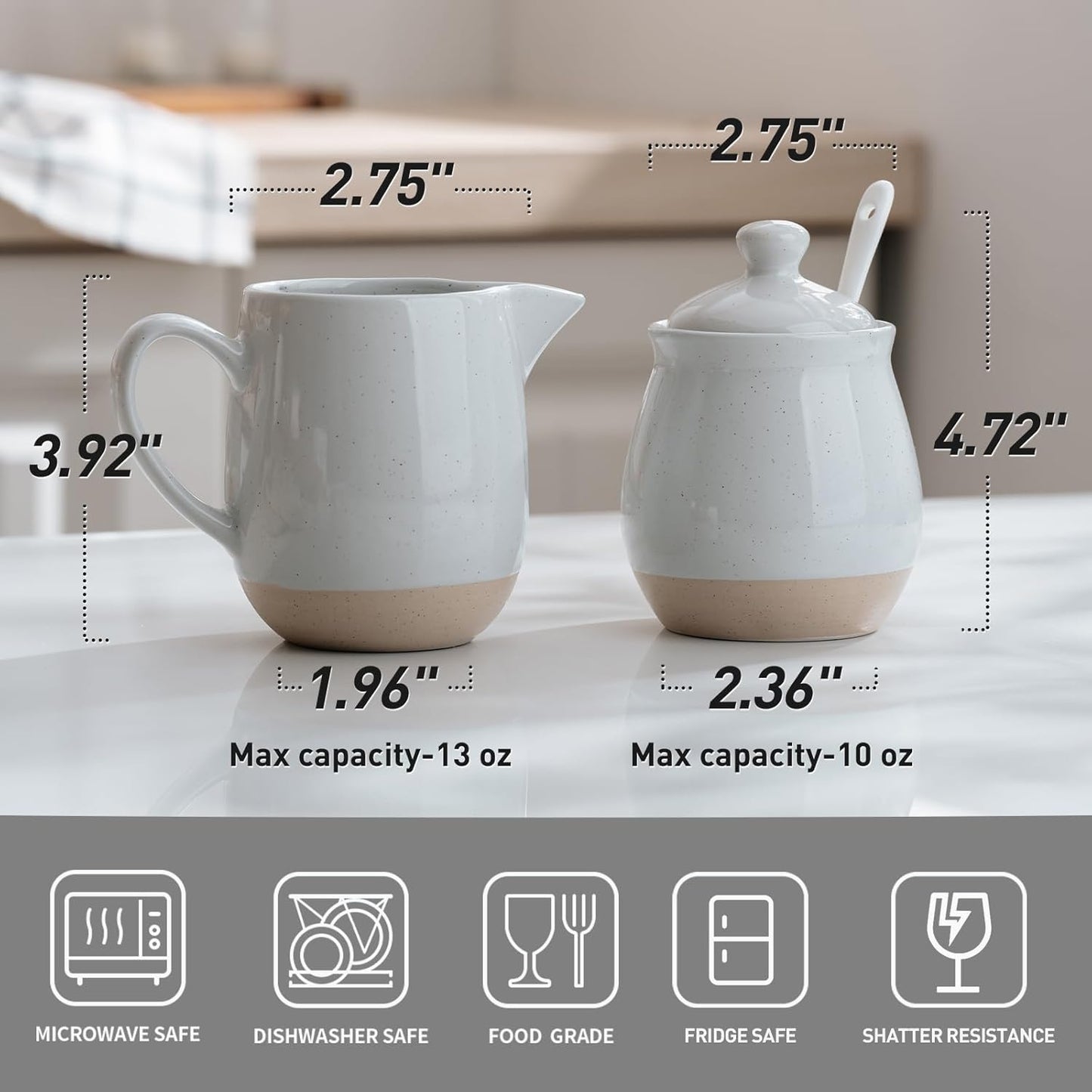 famiware Milkyway Ceramic Sugar and Creamer Set, 10oz Sugar Bowl & 13oz Creamer Set – Stoneware Milk Pitcher & Sugar Dispenser for Coffee Bar, Kitchen, or Countertop, Coffee Serving Set, Light Gray