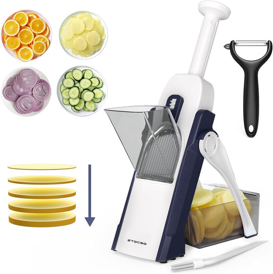 Safe Mandoline Slicer for Kitchen, Meal Prep, Potato Slicer, Adjustable/Easy to Clean/Storage, Kitchen Chopping Artifact, French Fry Cutter,Paring Knife/Cleaning Brush (only Slice, DarkBlue)