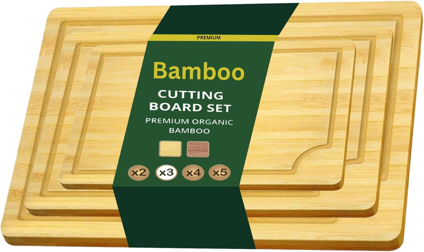 Bamboo Cutting Board Set 3 Piece Large Wood Chopping Boards With Juice Grooves for Meat Vegetables Fruits & Charcuterie Durable Kitchen Serving Boards