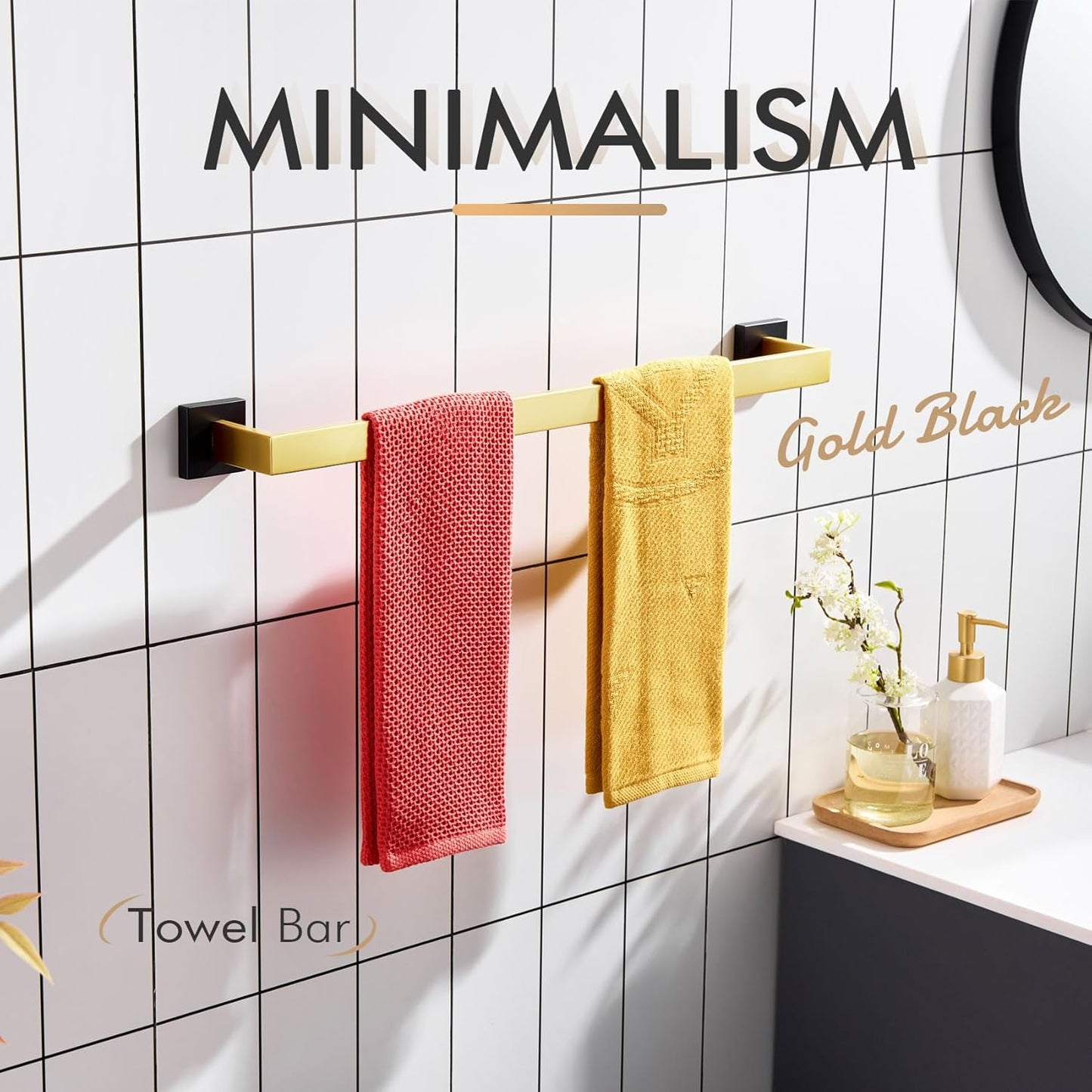 KOKOSIRI 24-Inch Towel Bars for Bathroom Wall Mounted Kitchen Towel Rack Holder T-304 Stainless Steel Matte Black and Brushed Gold, B4003GDK-L24