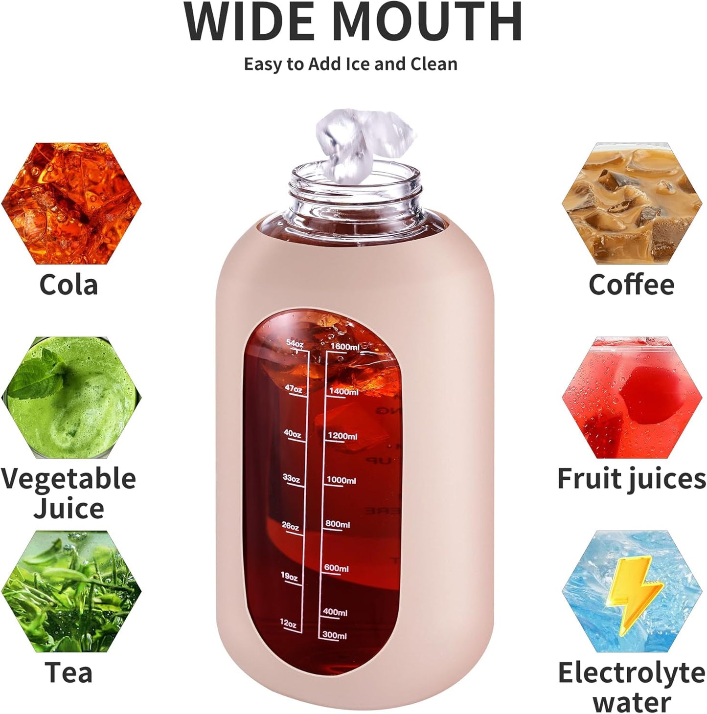 CIVAGO 64 oz Glass Water Bottle Jug with Straw and Handle, Half Gallon Sports Motivational Bottle with Time Marker and 2 Lids, Large Flask Canteen with Silicone Sleeve for Gym, Beige