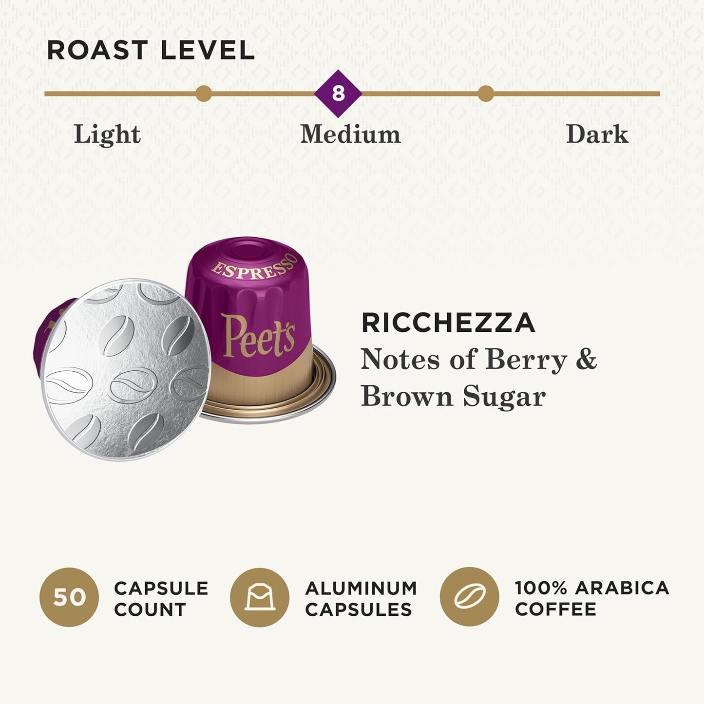 Peet's Coffee, Medium Roast Espresso Capsules, Compatible with Nespresso Original Machine - Ricchezza Intensity 8, 50 Count (5 Boxes of 10 Espresso Capsules)