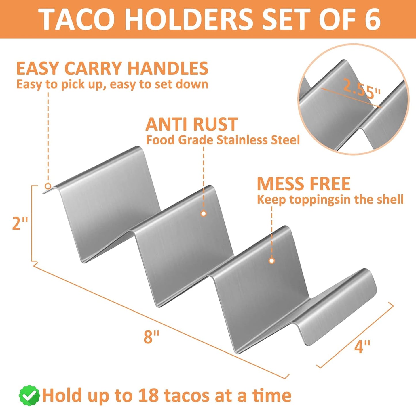 Taco Holder Set of 6, Stainless Steel Taco Holder Stand, Taco Rack Truck Tray Style with Easy-Access Handle, Oven, Grill and Dishwasher Safe
