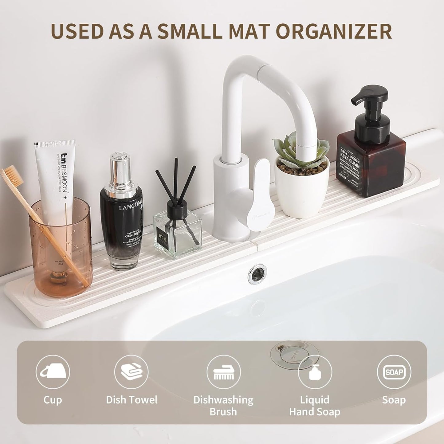 Faucet Mat for Kitchen Sink, Diatomite Stone Drying Sink Protectors, Bathroom Faucet Splash Guard, Quick Dry Water Absorbing, Non-Slip Stone Tray for Kitchen Counter, White, 15.7" x 3.9"