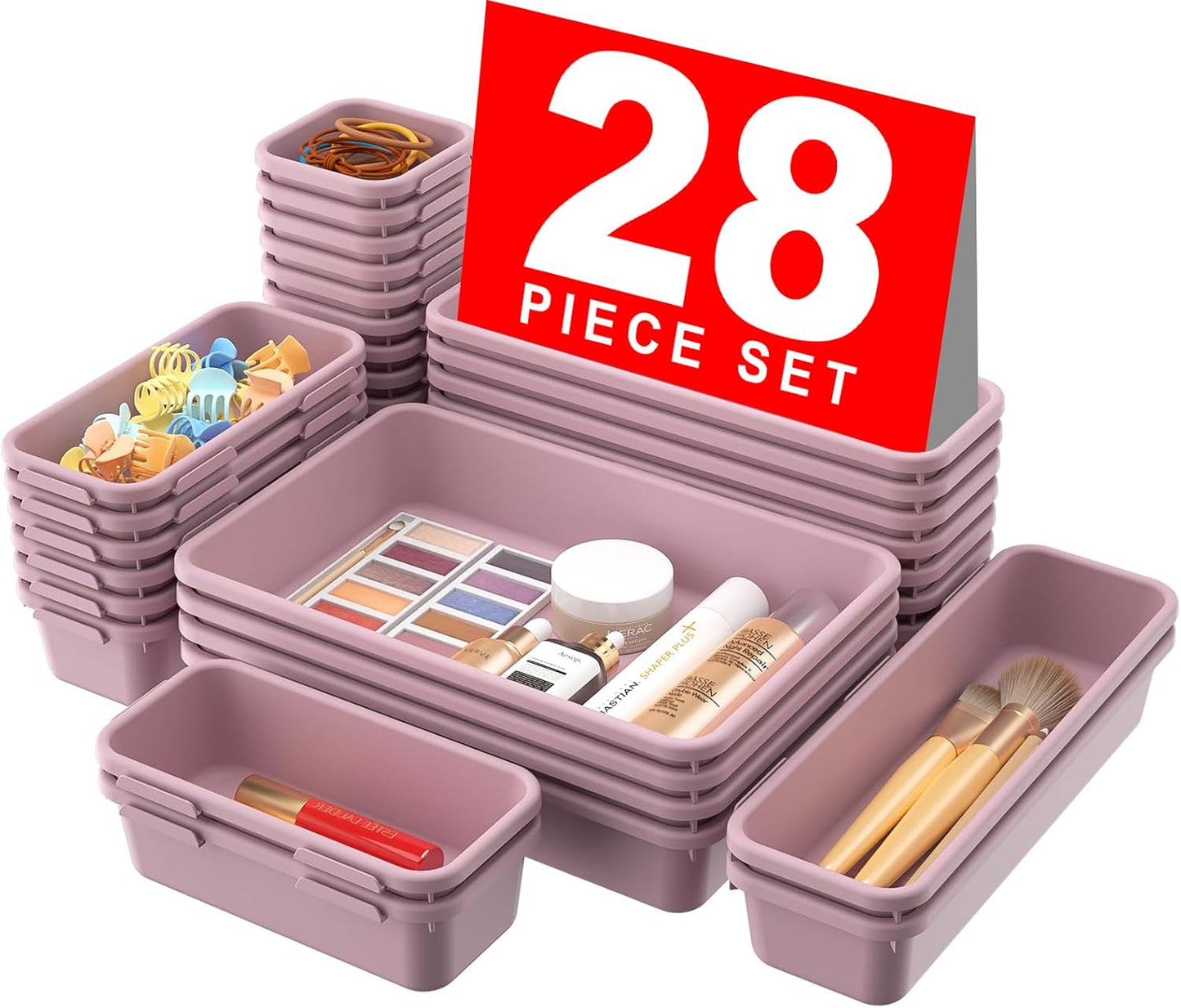 A-LuGei 【28PCS】 Drawer Organizer, Bathroom Organizers and Storage, Makeup organizer, Desk drawer organizer, Storage Bins for Kitchen Office Bedroom Vanity Jewelry Pantry Garage【Purple】【4Size】