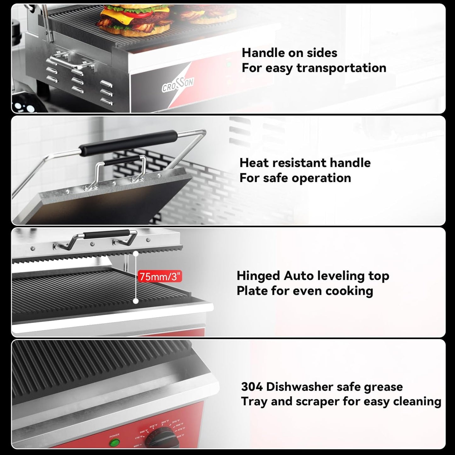 CROSSON 15"×11" Flat ETL Listed Commercial Electric Panini Grill,Hinged Auto Leveling Top Plate Panini Press Sandwitch Maker