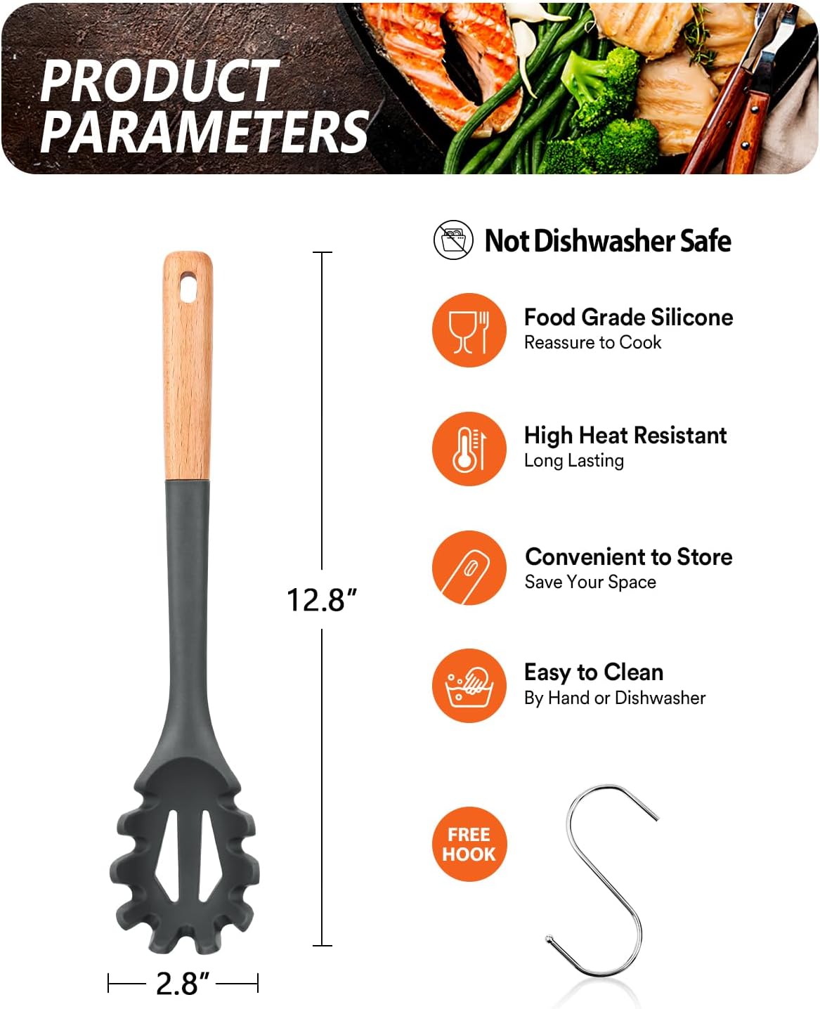 Silicone Pasta Fork, Kitchen Heat Resistant Noodle Spoon Server, BPA Free Spaghetti Strainer,12.8 inch (Grey)