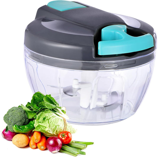Manual Food Processor Vegetable Chopper, Portable Hand Pull String Garlic Mincer Onion Cutter for Veggies, Ginger, Fruits, Nuts, Herbs, etc., 500ml,（Gray-blue）