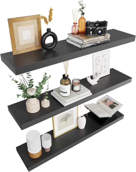 Colima Floating Shelves for Wall Black Wood Shelf for Bedroom, 36 Inch Wall Mounted Floating Shelves for Bathroom Living Room Kitchen Office, 1.3" Thick Floating Book Shelves for Wall, Set of 3