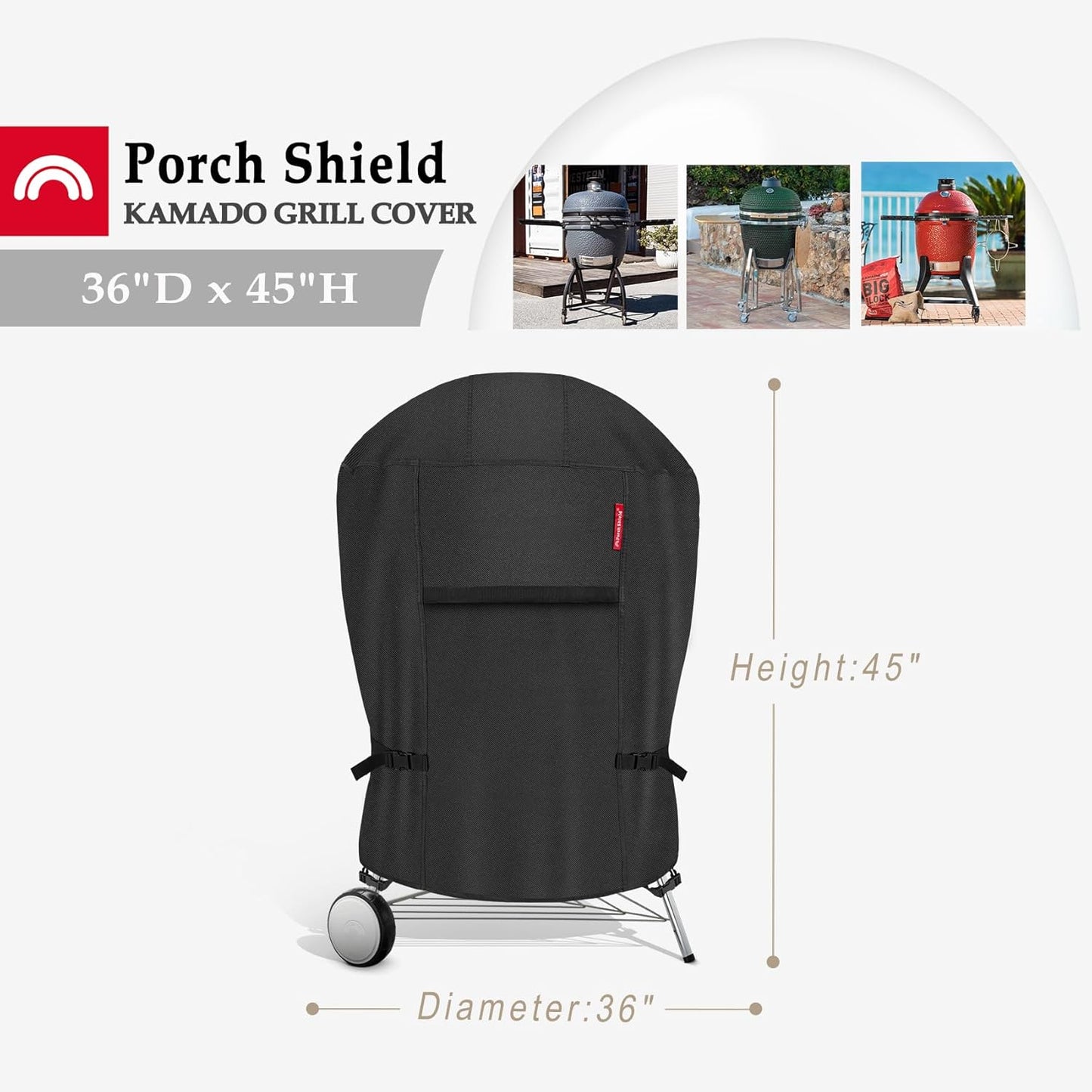 Porch Shield Outdoor Charcoal Kamado Joe Grill Cover Waterproof 600D Rond Smoker Cover Fits 22-24 inch Big Green Egg Char-Griller Char-Broil and Most Kettle Grill 36" Dia x 45" H, Black