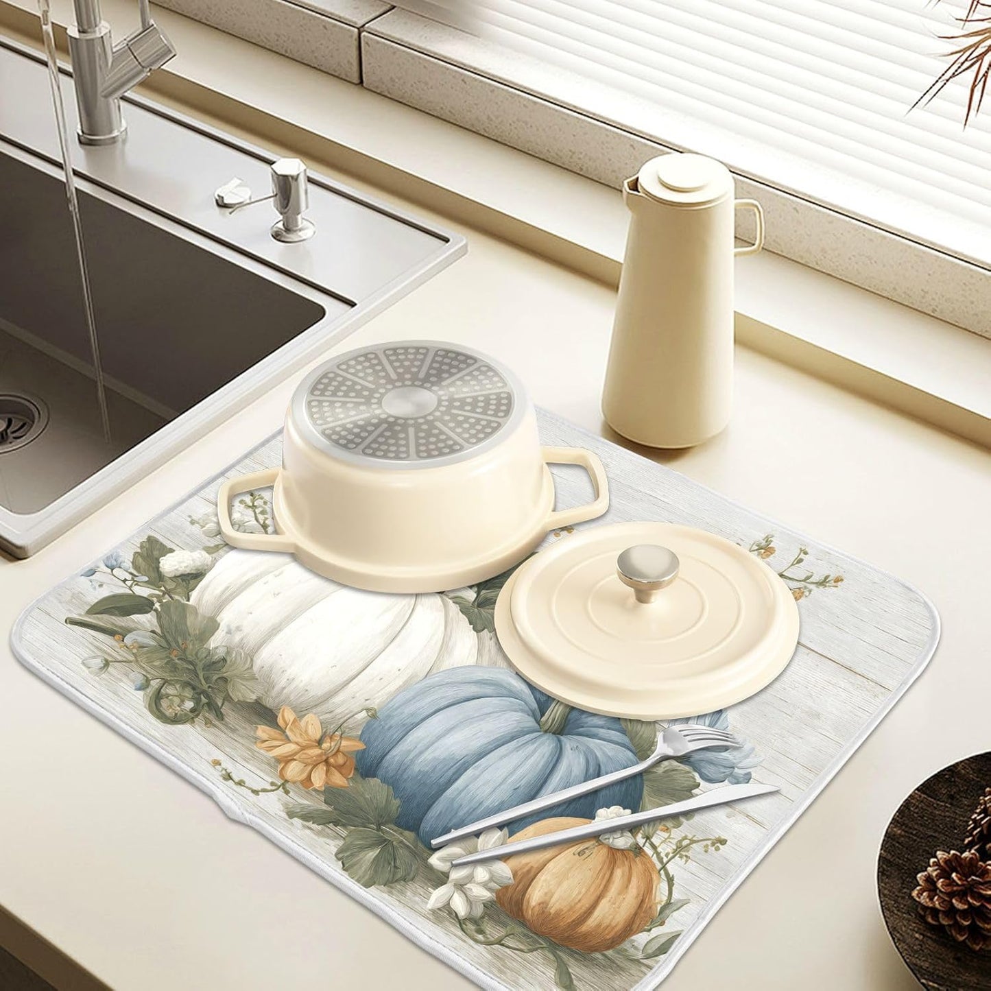 Fall Blue Orange Grey Pumpkin Thanksgiving Dish Drying Mat for Kitchen Counter Absorbent Microfiber Small Drying Pad Dish mats for Kitchen Countertops 16 x 18 Inch