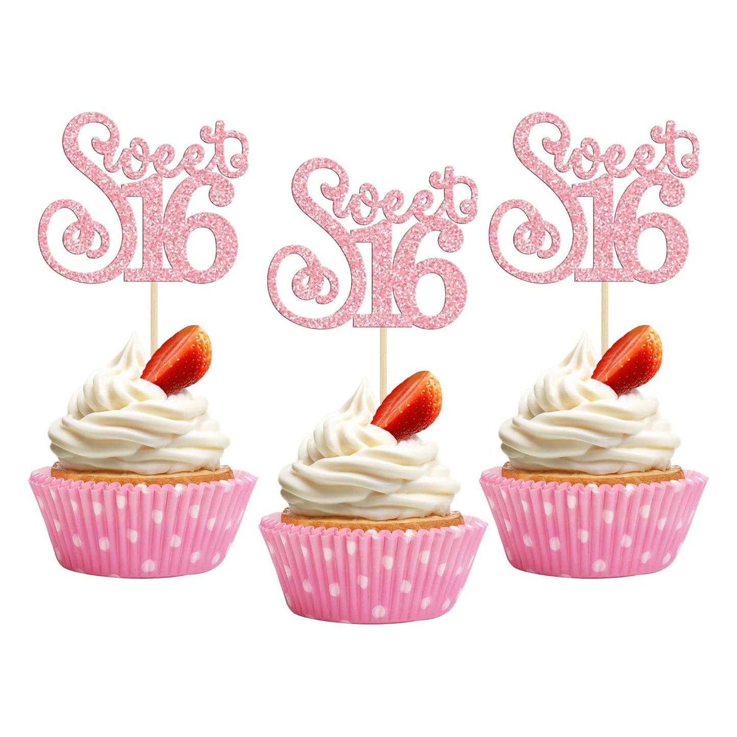 Gyufise 24 Pack Happy Sweet 16 Cupcake Toppers Glitter Sixteen 16th Birthday Cupcake Picks Cheers to 16 Years Old Cupcake Decorations for 16th Birthday Anniversary Party Cake Decorations Supplies Pink