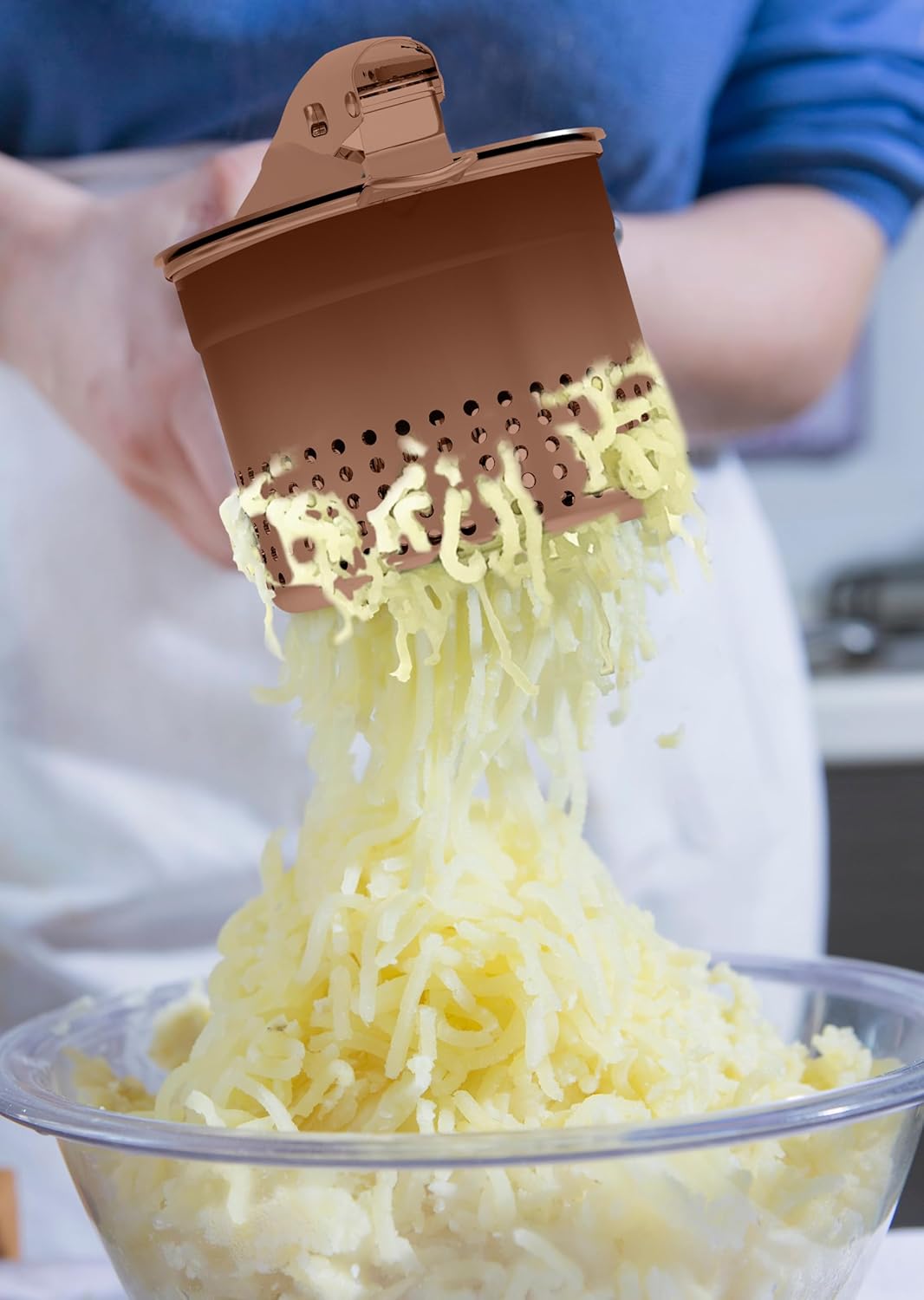 Large 15oz Potato Ricer Masher, Heavy Duty Stainless Steel Potato Masher with Ergonomic Handle, Masher and Ricer Kitchen Tool for Mashed Potatoes, Noodle Maker, Bronze Color