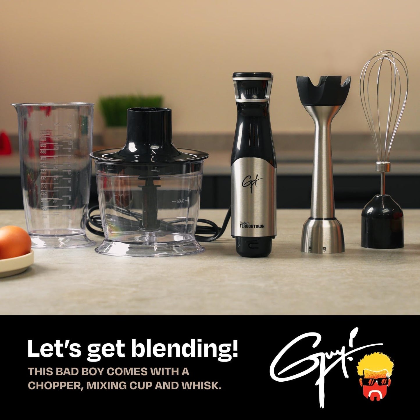 Guy Fieri's Flavortown Immersion Blender with DynamicShaft Technology, 400W & One-Hand Speed Control – Perfect for Soups, Sauces, Smoothies, Baby Food & More – Hand Blender & Electric Whisk