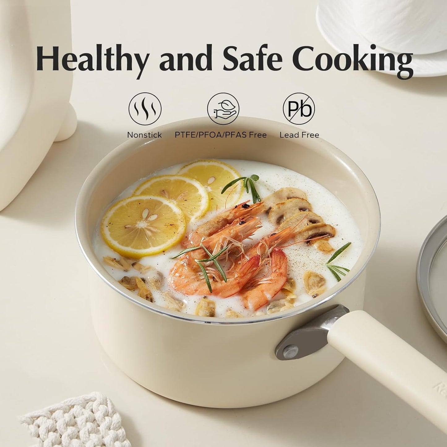 Redchef Ceramic Nonstick Saucepan with Lid, 3QT Small Cooking Pot, Non Toxic Sauce Pans for Kitchen, Cool Handle PFAS Free Compatible with All Cooktops, White