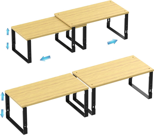 Expandable Kitchen Cabinet Organizer Shelves – Stackable Adjustable Metal and Wood Storage Racks for Countertop, Pantry, Garage Set of 2 Spice Rack – Easy Assembly, Space-Saving(2 Packs/Large/Black)